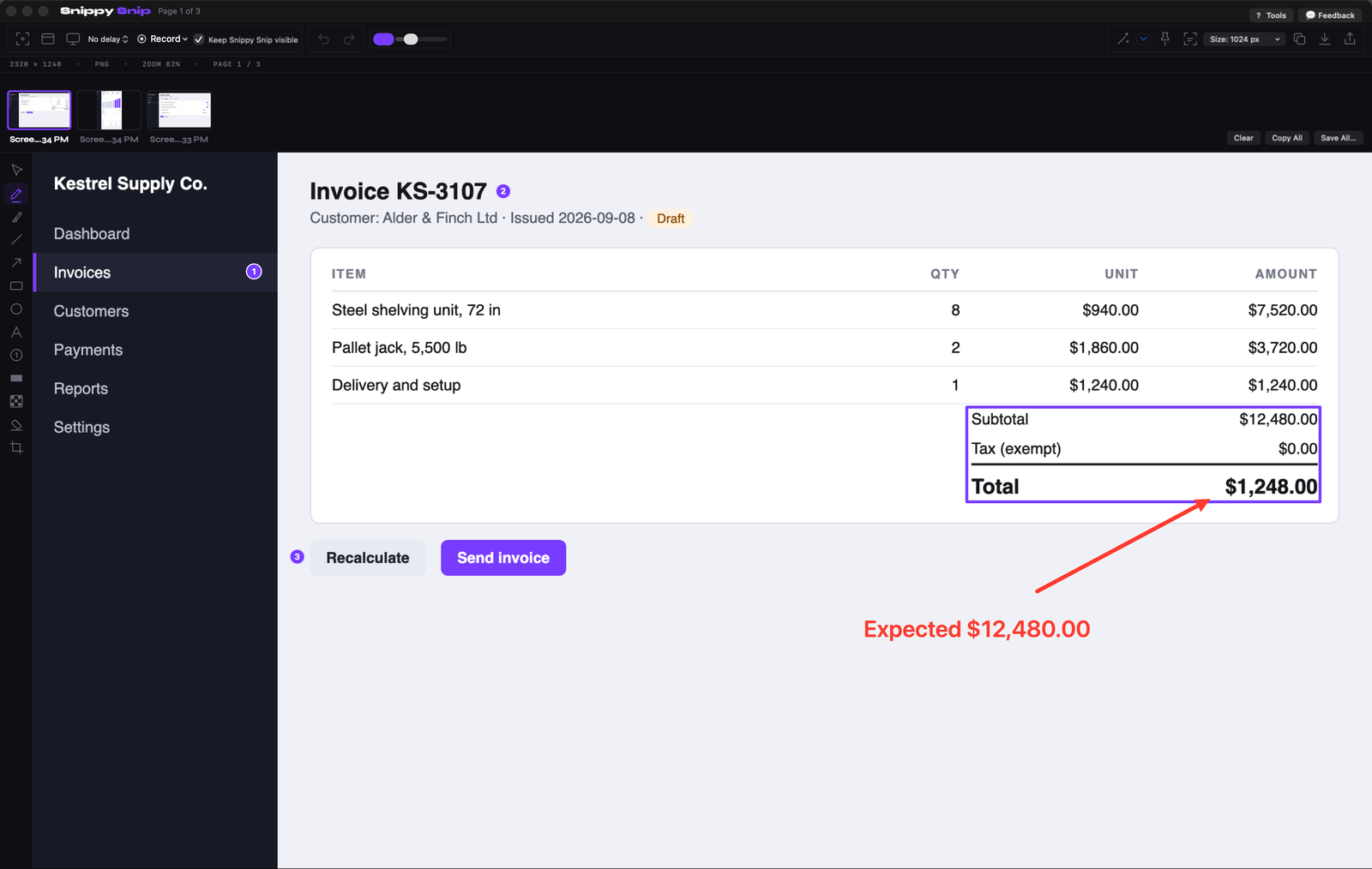 An invented invoicing app for "Kestrel Supply Co." showing a subtotal of $12,480.00 and a Total field reading $1,248.00, with an unrelated customer name pixelated in the sidebar. A red arrow to the wrong Total; a box around the totals panel; numbered badges 1, 2, 3 on Invoices, the invoice row, and Recalculate; a text callout reading "Expected $12,480.00. Shows $1,248.00."