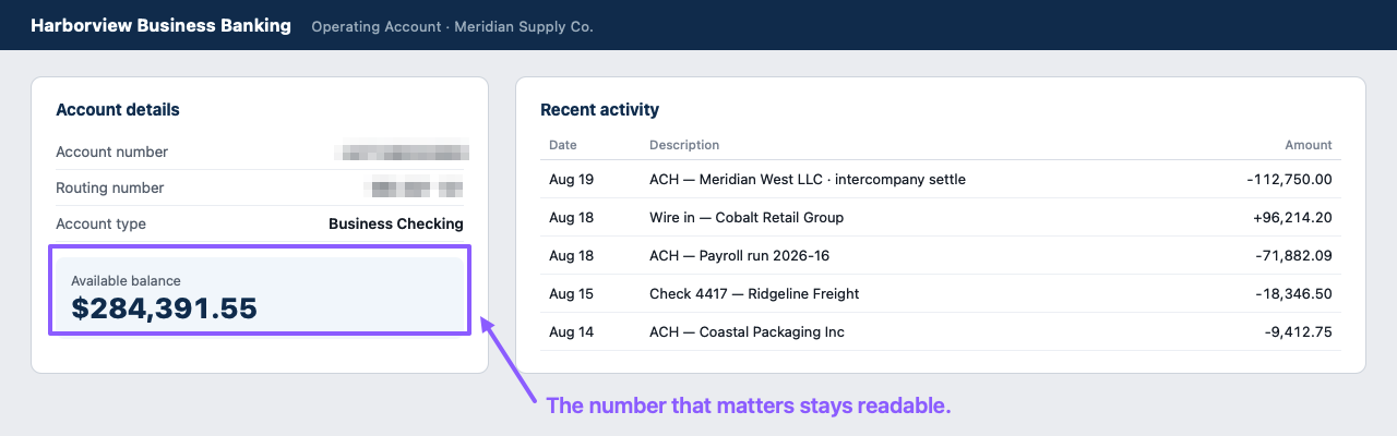 A bank portal screenshot with the account and routing numbers blurred and a box around the available balance, captioned 'The number that matters stays readable.'
