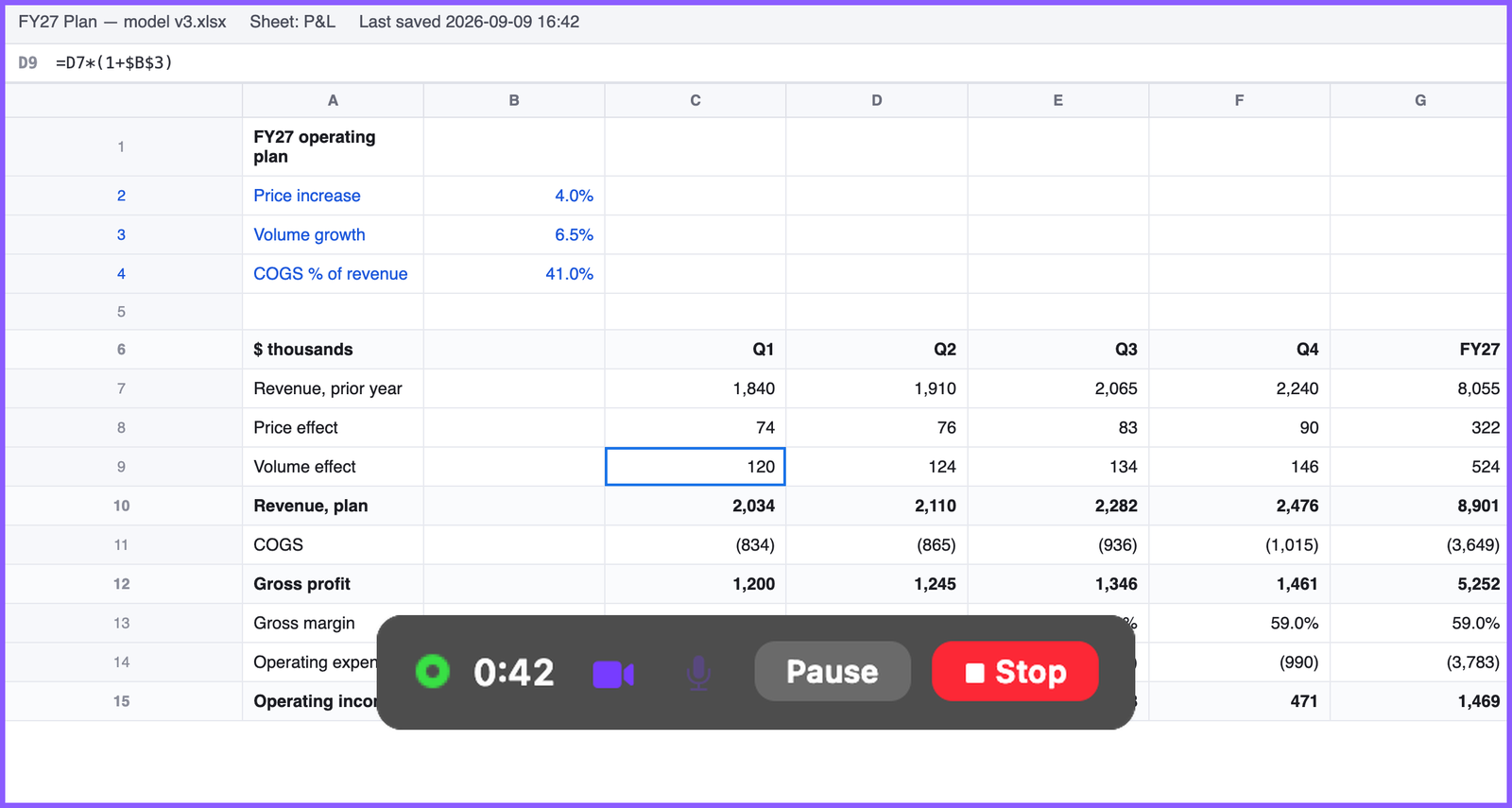 The Snippy Snip recording preview over an invented settings screen from a fictional app called "Ledgerline," paused on the frame where a row disappears after Save. A callout on the preview reading "Watch it once before it goes out," and a violet click circle visible on the Save button.