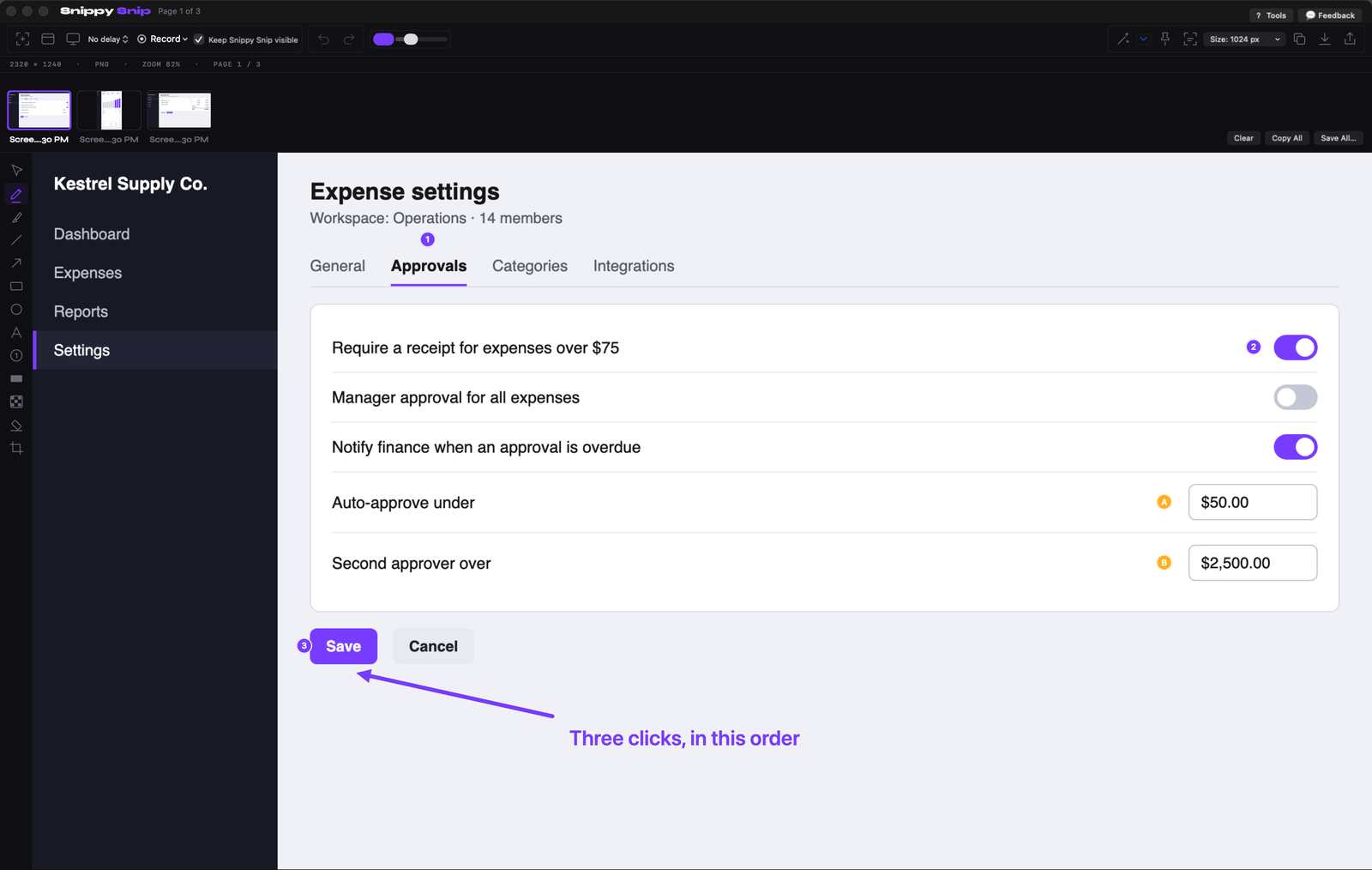 An invented expense-approval settings page for a fictional company "Kestrel Supply Co." with an Approvals tab, three toggles, two threshold fields, and a Save button. Numbered badges 1, 2, 3 on the Approvals tab, the "Require receipt over $75" toggle, and Save; lettered badges A and B on the two threshold fields; one arrow to Save; a text callout reading "Turn on 2 first or Save stays disabled."