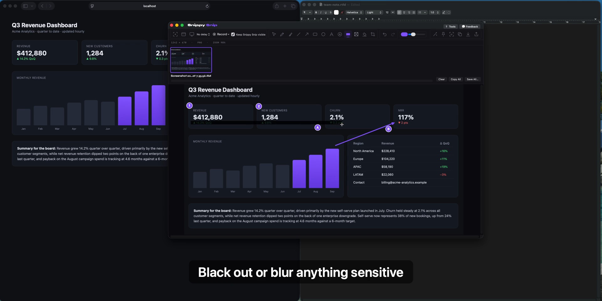A frame of the Snippy Snip demo: the editor annotating a captured revenue dashboard with arrows, numbered and lettered step badges, and redaction