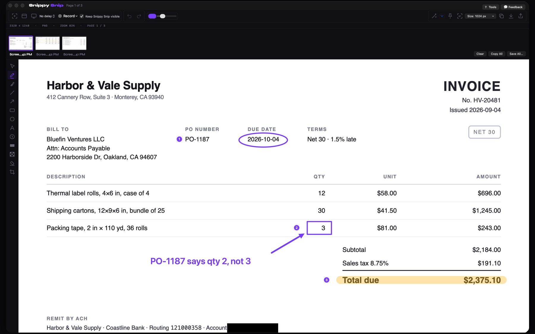 The Snippy Snip editor: a captured invoice marked up with numbered steps, a circle around the due date, a box and arrow on the quantity that disagrees with the PO, a highlighted total and a redacted account number, with the tools down the left and the session carousel above