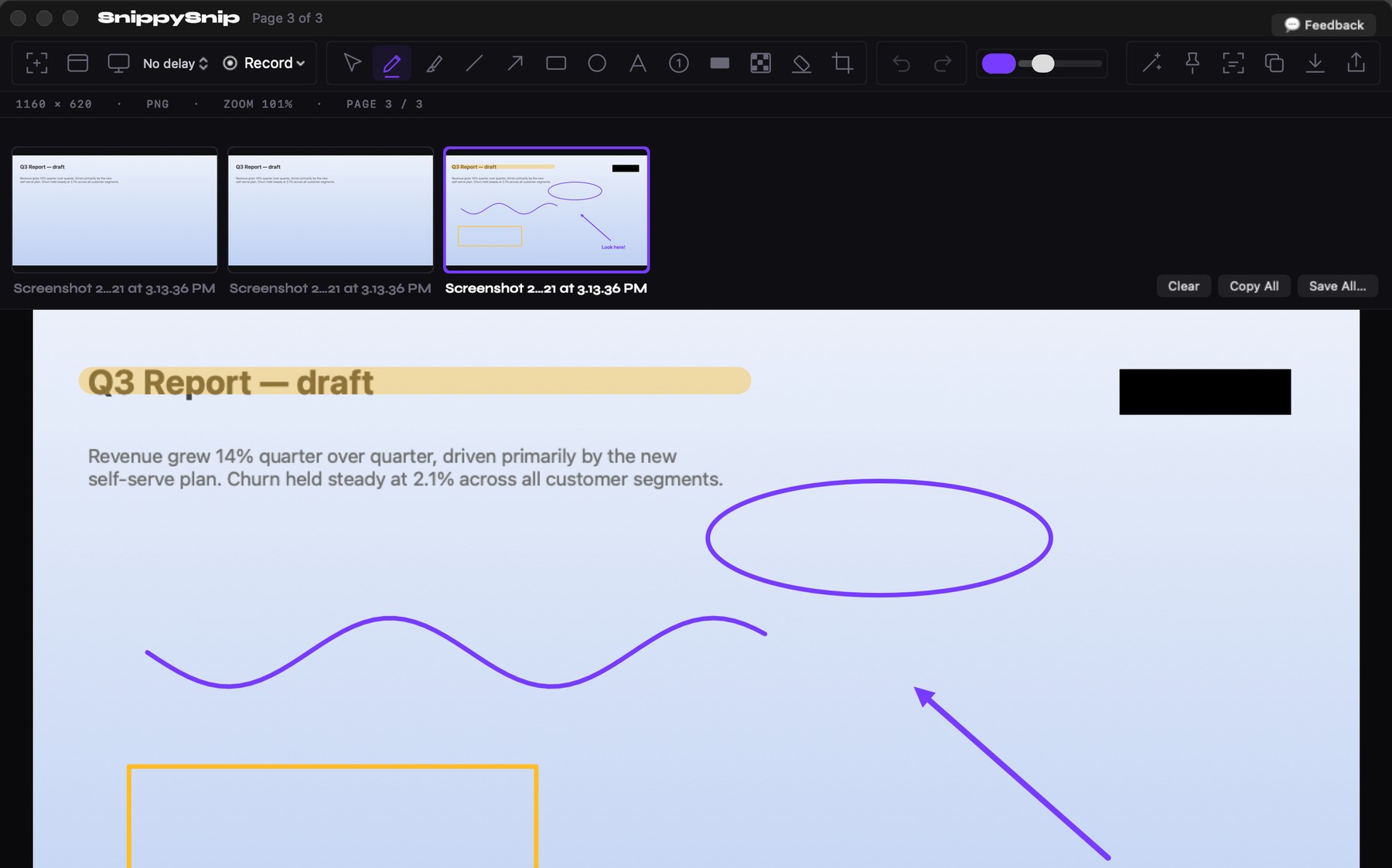 The SnippySnip editor: a captured document annotated with highlighter, arrows, shapes and redaction, with the session carousel above it