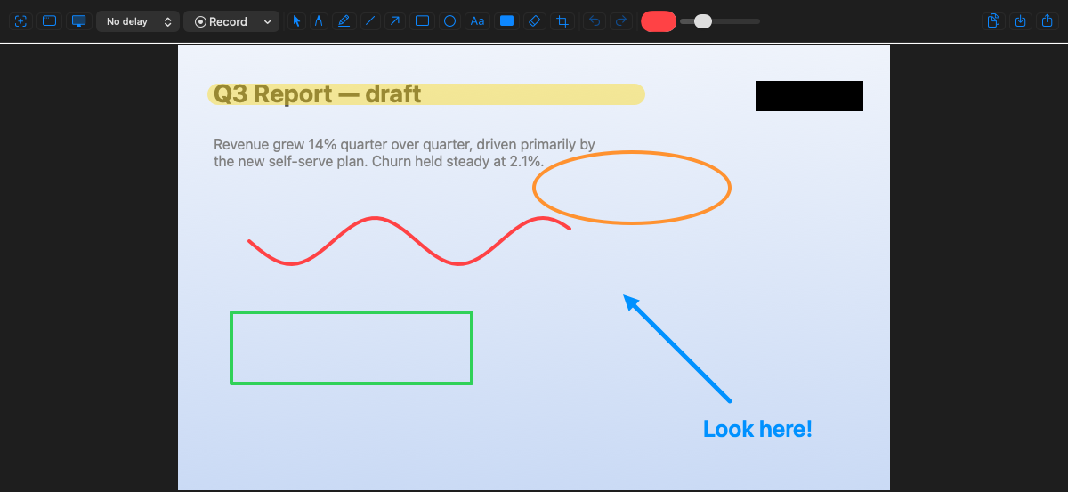 SnippySnip annotation editor with a captured screenshot marked up using highlighter, arrows, shapes, text, and redaction