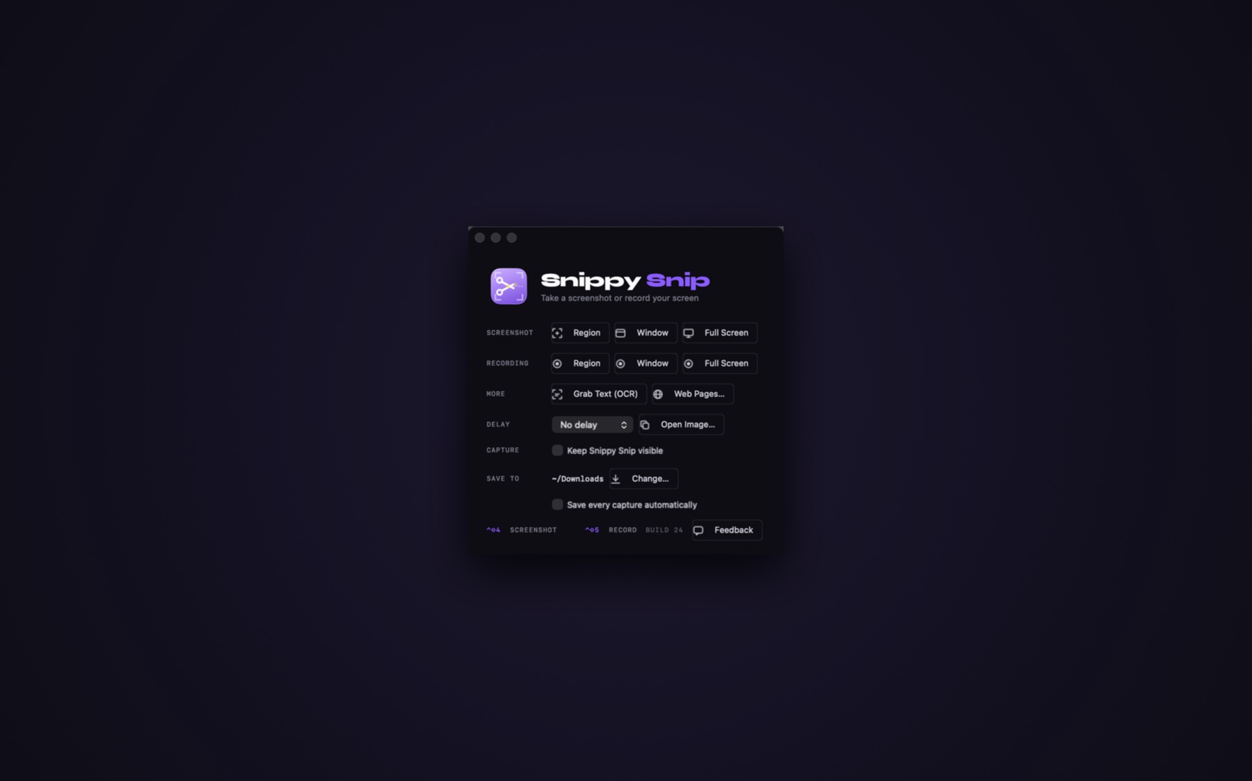 The Snippy Snip start window on a violet-lit dark backdrop: one tile per capture mode, recording, OCR and web capture, the capture delay, and where files save