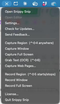 The camera-icon menu in the menu bar: Open Snippy Snip and Open Editor at the top, then capture, record, License and Quit