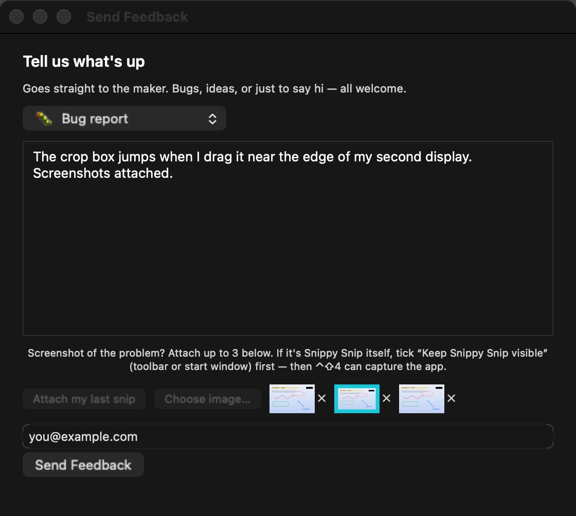 The Send Feedback window with three screenshots attached as thumbnails, each with a remove mark