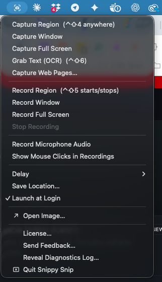 The Snippy Snip menu-bar menu with Launch at Login enabled