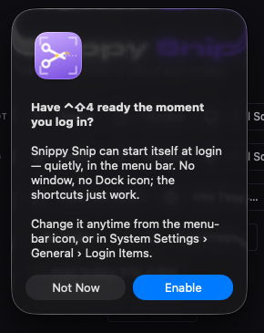 The one-time Launch at Login question: Enable or Not Now