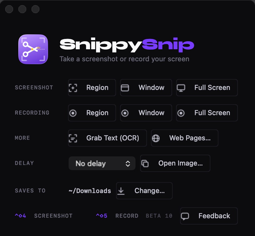 The redesigned Snippy Snip home screen