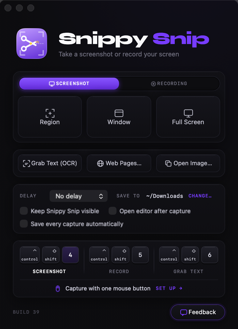 The redesigned Snippy Snip start window: a Screenshot/Recording switch over three capture tiles, the secondary actions, settings, and the three keyboard shortcuts drawn as keys